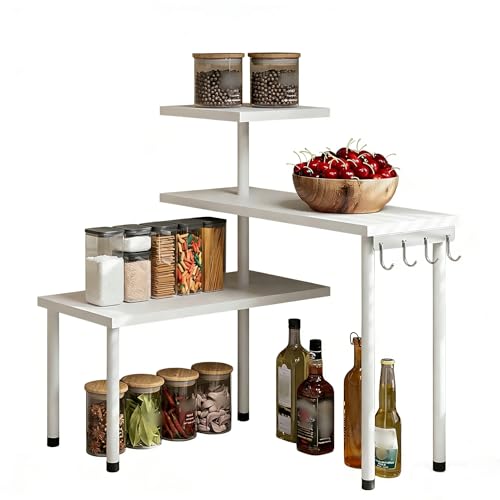 Gevvnss Estante esquinero organizador de encimera de cocina de 3 niveles, estante de esquina para encimera de cocina, estante de bambú de escritorio con ganchos para cocina, baño, armario, mesa, barra