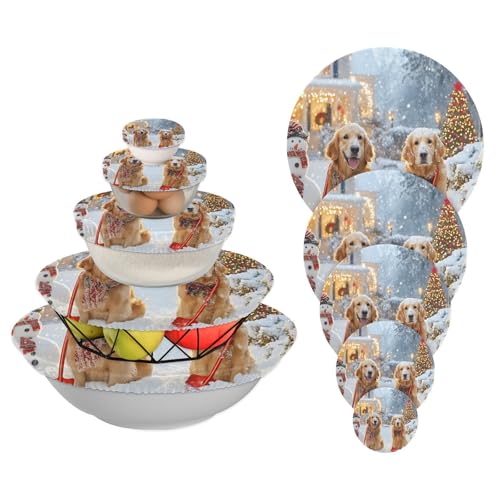 Golden Retrievers - Fundas para cuencos de Navidad para perro, 5 unidades, reutilizables, fundas de almacenamiento de alimentos, fundas elásticas de tela elástica para platos para cocina y picnic