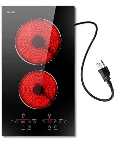 Image of 2 Burner Electric Cooktop Hobsir, 110v Plug In Electric Stove Top Burner, 2000W 12 Inch Two Burners Radiant Electrical Stove, Countertop and Built-in Ceramic Cooktop with Child Safety Lock, Black