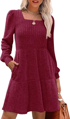 TrendiMax Damen Langarm Pullover Kleid Herbst Winter Freizeitkleid Knielang Strickkleid Casual Bequem Herbstkleid mit Taschen (M, Wine Rot)