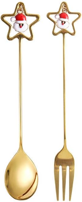 Silverware Flatware Set, 6/24/36/48 Pieces 304 Stainless Steel Tableware Creative Christmas Star Pendant Dessert Coffee Stirring Spoon(Gold,24 Pieces for 4)