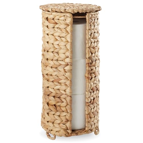 Casafield Free Standing Toilet Paper Storage Roll Holder with Lid - Natural, Fits 3 Rolls, Water Hyacinth Bath Tissue Organizer for Bathroom
