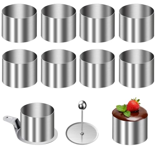 JCTEEY 10 Stück Klein Tortenring Kuchenring Set, Ø 8CM Dessertringe und Speiseringe Set Mousse Form Servierringe Edelstahl Set, Nahtlose Backringe Tortenring mit Heber Tampfer, für Backen, Dessert