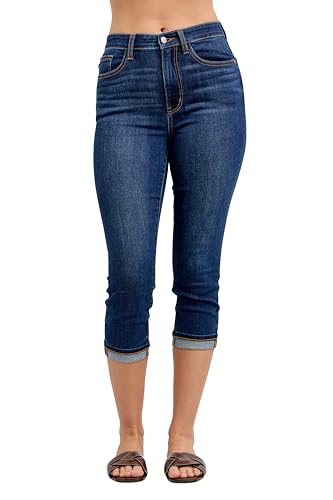 Judy Blue Womens Jeans - High Waisted Capri W/Single Cuff (15 Dark Blue)