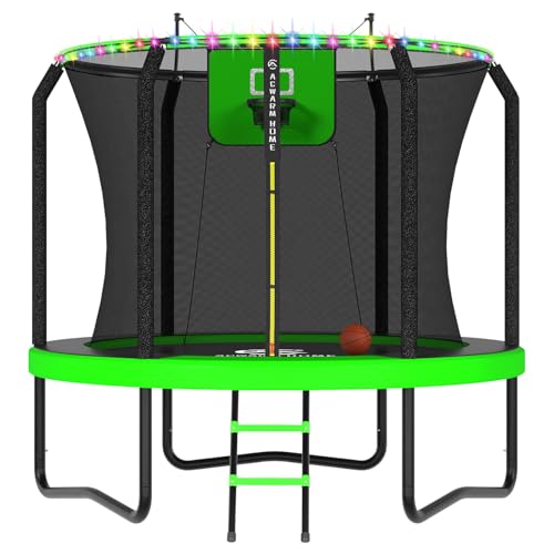 Image of ACWARM HOME Trampoline Outdoor 8FT 10FT 12FT 14FT 15FT 16FT Trampoline with Basketball Hoop and LED Lights, Recreational Trampolines for Kids and Adults with Enclosure Net & Ladder, ASTM Approved