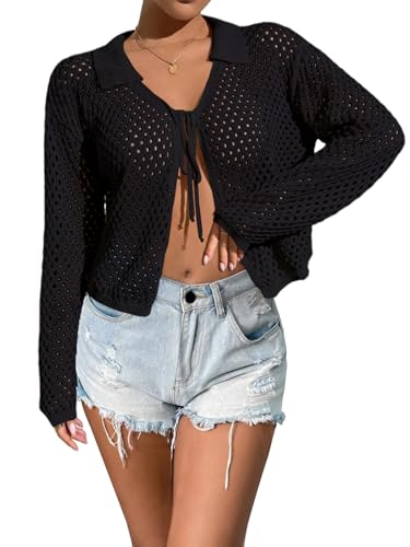 Image of Womens Tie Front Crochet Cardigan Sweaters Lightweight Hollow Out Beach Cover Up Long Sleeve Collared Summer Shrug