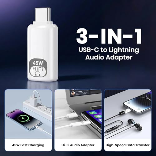 Image of AUDIOCULAR USB-C to Lightning Adapter, 45W PD Fast Charging, Hi-Fi Integrated DAC, Mic Support, Type-C to Lightning Audio Converter for Smartphones & Tablets (White)
