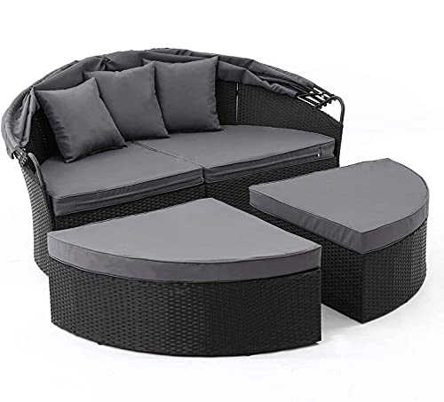 Omelaza Outdoor Round Daybed Sofas Patio Furniture With Canopy, Black Wicker, 4 Pieces Seating Separates Cushioned Seats, For Lawn, Poolside, Garden (Black) #TOP2