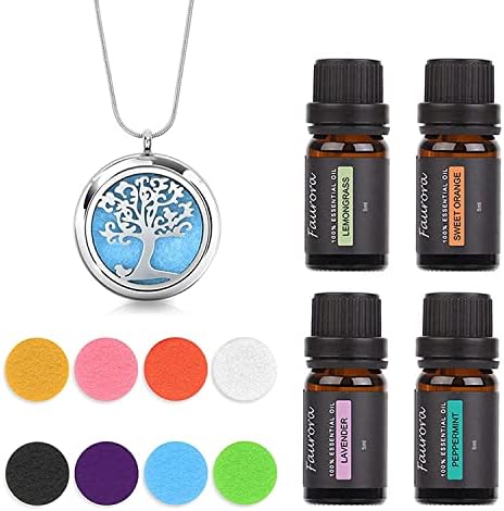 Faurora Aromatherapy Essential Oil Diffuser Necklace, Tree of Life 316L Stainless Steel Locket Pendant Jewelry, Gift Set with 4X5 ml Pure Essential Oils, 27.6" Adjustable Chain Perfume Necklace