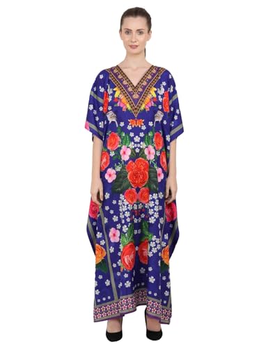 Image of Miss Lavish London Blue Floral Kaftan Dresses for Women V Neck Batwing Sleeve Maxi Beach Cover Up, Ethnic Print Plus Size Caftan with Side Slits & Pockets, Womens Resort Wear Swim Coverup-Blue-L