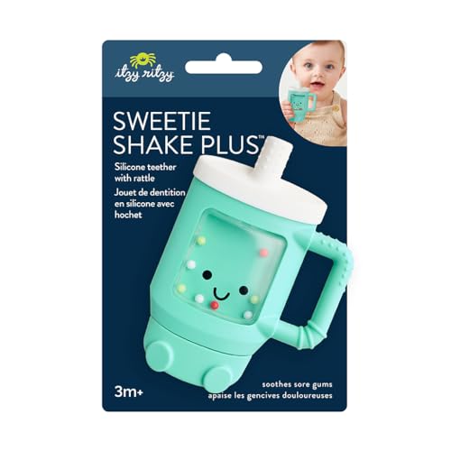Image of Itzy Ritzy Silicone Rattle Teether- BPA-Free Silicone Teether with Rattle for Babies & Toddlers - Features a Gentle Rattle Sound, Colorful Beads & Multiple Textures (Travel Cup)