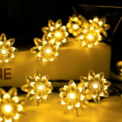 Image of Xenith 14 LED Double Silicone Lotus Flower Fairy String Decorative Lights for Diwali Christmas Tree Home Balcony Bedroom Navratri Ganpati Valentine Decoration (Warm White, 3.5 Meter)