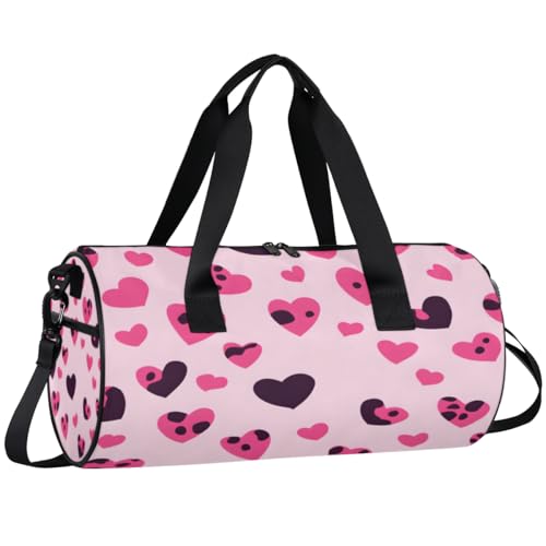 Love Heart Pink Round Barrel Sports Fitness Bag, Travel Luggage Bag, Reusable Handbag, Suitable For Men and Women