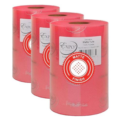 Image of Expo International Decorative Matte Tulle, Roll /Spool of 6 Inches X 100 Yards, Polyester-Made Tulle Fabric, Matte Finish, Lightweight, Versatile, Washable, Easy-to-Use ; Coral (Pack of 3)
