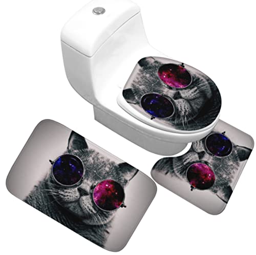 3 Teilig Badematte Set Dunkelgraue Katze 01 3D Badematten Set rutschfest, Badezimmerteppich,U-förmiger WC-Vorleger,WC…