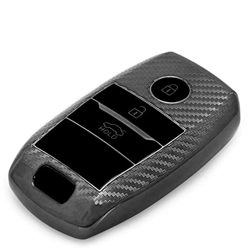 Image of JVCV Soft TPU Carbon Fiber Style Car Key Cover Compatible with Kia Seltos Sonet Carens 3 Button Push Start Car Key (Black Gun Metal)