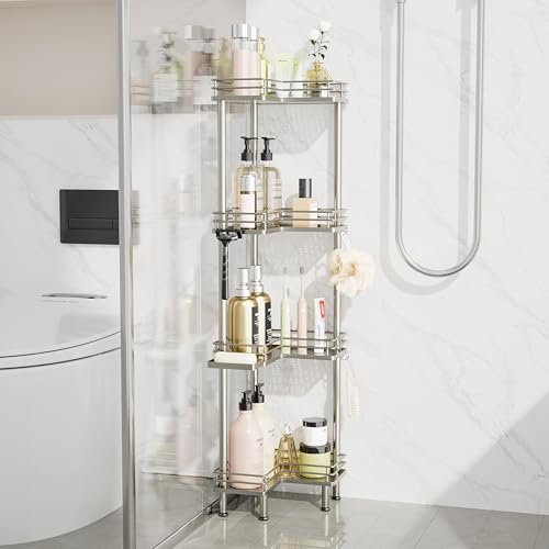 Image of Consumest Corner Shower Caddy Standing - 4-Tier Stainless Steel Shower Organizer with Soap Holder and 4 Hooks, Large Capacity Corner Shelf Stand for Bathroom, Rest Room, Sand Nickel