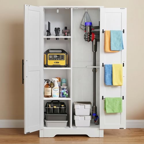 NORTHSKY Wooden Storage Cabinet 55 Broom Closet & Vacuum Cleaner Holder Compatible with Dyson Utility Cabinet for Brooms & Mops Cleaning Cabinet w/Doors for Garage Laundry Mudroom Home Office