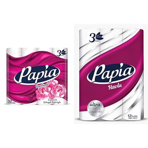 Papia 3 Katlı Egzotik Şakayık Özleriyle Parfümlü 32'li Cilt Tuvalet Kağıdı (1 x 32 Rulo) ve Papia 3 Katlı Ultra Emici & Dayanıklı 12'li Kağıt Havlu (1 x 12 Rulo)