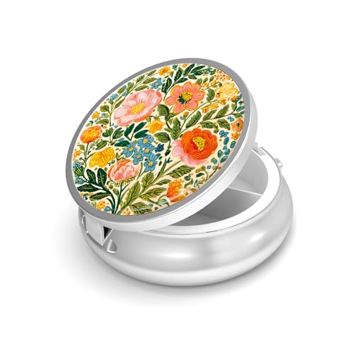 Image of Pill Box-3 Compartment Small Pill Case for Purse & Pocket Mini Metal Pill Holder Travel Pill Container to Hold Supplements Vitamins BPA-Free (A-Flowers-04)