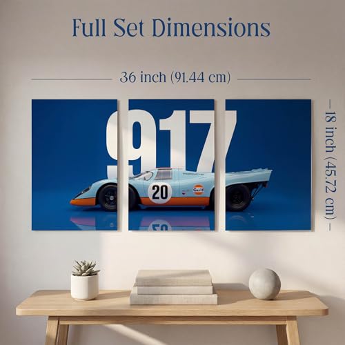 Image of SoulAbiti 3-Piece Porsche 917 Wall Art - Gulf Livery Blue & Orange Racing Car Printed Poster Large Motorsport Triptych Posters - Racing Decor for Room & Garage Le Mans Legend
