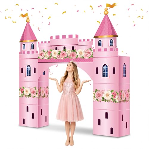 Pajean 9 Pcs Princess Party Decorations 43 x 60 Inch Pink Princess Cardboard Castle Playhouse Kit Floral Castle Fort Set Girl Birthday Centerpiece for Bridal Shower Tea Party Wedding Decor