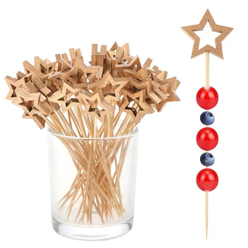 Dimeho 50 Pcs Gold Star Cocktail Picks 5.5 Inch Long Decorative Wooden Toothpicks Bamboo Cake Decoration Sticks for Appetizers Drink Garnish Fruits Skewer Party Christmas New Year Birthday