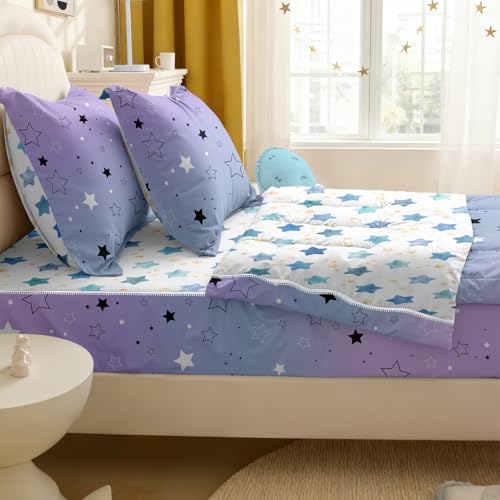 Image of Kids Comforter Set,Zipper Bedding Twin for Girls,Star Printed Comforter Set with Blue Stars Fitted Sheets and Pillowcases for All Season(Star Twin)
