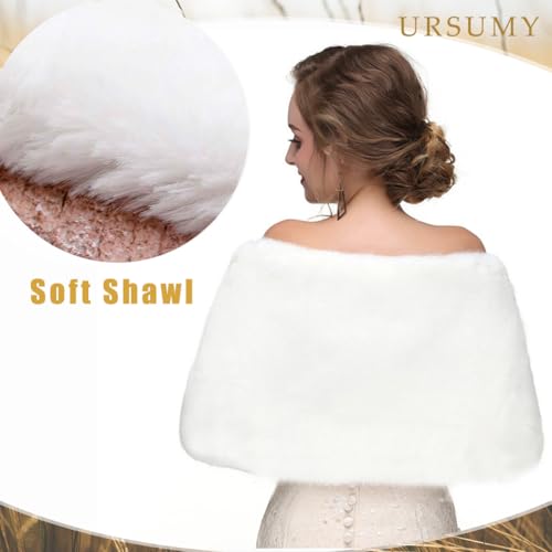 Ursumy Women's Wedding Shawl Faux Fur Wraps Bridal Fur Stole Fur Scarf with Rhinestones Brooch for Bride and Bridesmaids (White)4