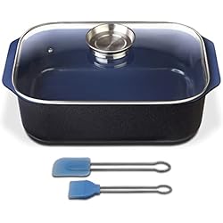 Olla Rectangular Gsw 800419 Ceramica Azul Cobalto Inducción Rectángulo Asador Con Tapa De Vidrio 40 X 26 X 11 Cm/Aprox. 8,0 L – Incluye Pincel Juego De 2 Piezas, Aluminio Fundido, Negro/Azul, 40 X 26 X 12,5 Cm