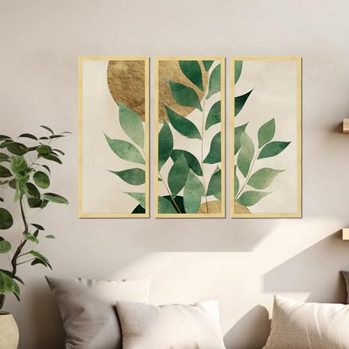 Image of PAINTINGMANTRA Botanical Leaf Framed Wall Art Set of 3 | Modern Nature-Inspired Boho Wall Decor | Engineered Wood Frame Art for Living Room, Bedroom & Office, 8.9x18.9 Inch