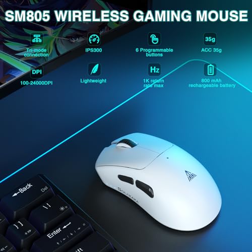 Image of SOLAKAKA SM805 Lightweight Wireless Gaming Mouse,24000 DPI,Tri-Modes Connection,BT5.0 /Type-C Wired /2.4G Wireless Mouse Gaming with 2 Side Buttons, Engineering Grip Custom Mouse for Gamer,White