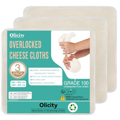 Image of Olicity Cheese Cloths for Straining 50x50cm - 3 Pack Unbleached Fine Weave Muslin Cloths for Cooking | Reusable Overlocked Cheesecloth for Straining Liquids, Making Jam & Bread | Cotton Cloth Strainer