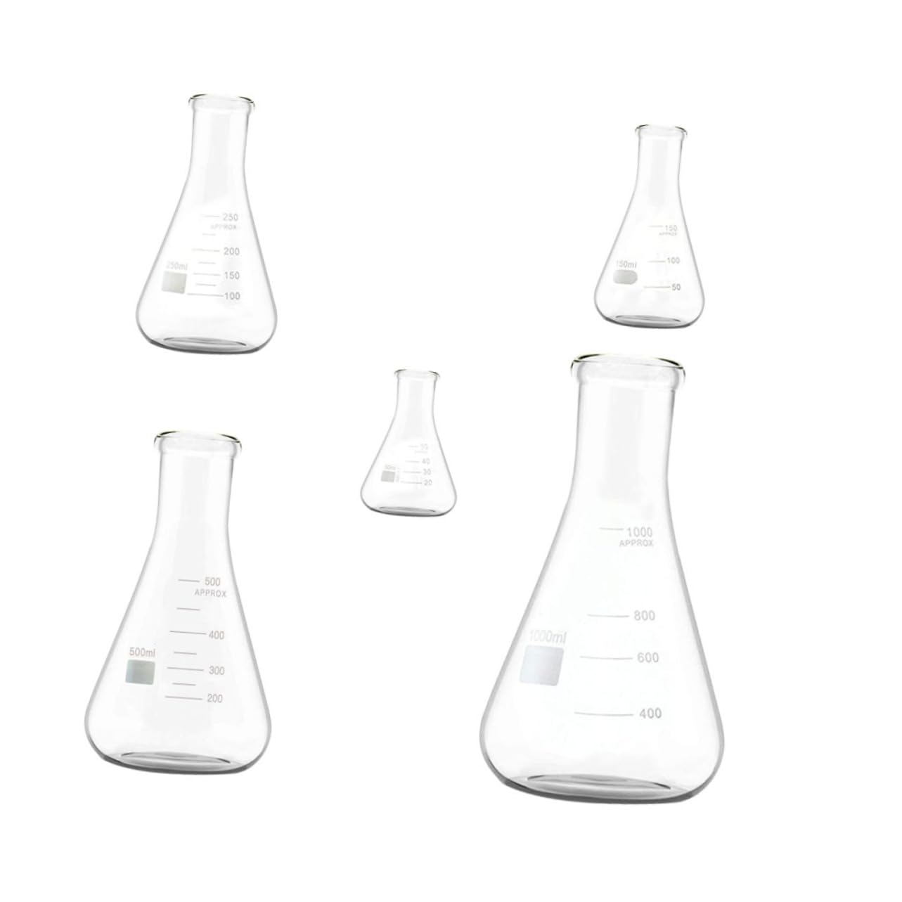 Beuta Erlenmeyer in Vetro Borosilicato 5 Pezzi Collo Largo Fondo Piatto | Beute Laboratorio Chimico, Area di Marcatura Extra-Larga, Spessore Uniforme, Graduazioni Standard per Educazione e Ricerca
