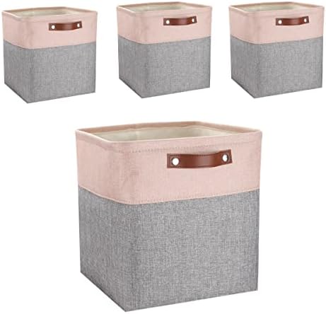 Mangata Cube Storage Box 30x30x30cm, Set of 4 Fabric Storage Basket for bedroom, craft room, nursery Grey&Pink
