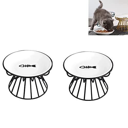 2PCS Elevated Cat Food Bowl, Whisker-Friendly Anti-Vomit Cat Plate, Cat Bowl-Raised Cat Feeder Bowl Stand,Ceramic Elevated Pet Dishes for Pet,Dishwasher Safe