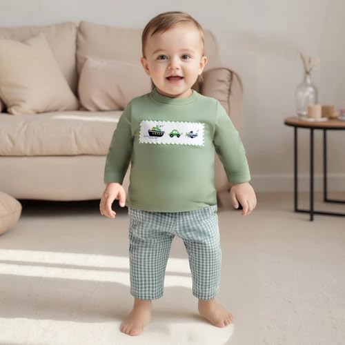 Sasaerucure Toddler Infant Baby Boy Fall Outfit Helicopter Ship Smocked Long Sleeve Shirt and Plaid Pants Vehicle Clothes Set2