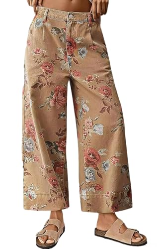 loveimgs Women Mid Rise Cropped Wide Leg Jeans Baggy Floral Ankle Pants Denim Capris Flare Print Boho Palazzo Jeans Boyfriend