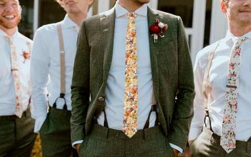 Image of Mantieqingway Men's Skinny Tie, Cotton Floral Ties for Men Wedding Necktie for Groom, Groomsmen, Missions, Dances