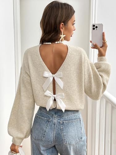 GORGLITTER Women's Bow Fall Sweater 2025 Long Sleeve Crewneck Lightweight Kint Open Back Trendy Pullover Top2