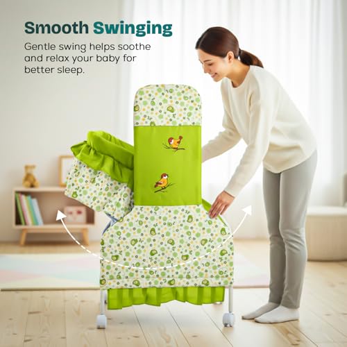 Image of BAYBEE Baby Cradle and Swing for Newborn Babies with Mosquito Net, Portable Jhula with 360 Wheel Lock, Sleeping Swing Bassinet, Uyyala Palna for 0-12 Months Boys & Girls (Green)