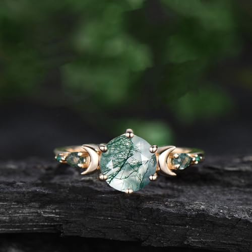 10K 14K 18K Rose Gold 2CT Round Natural Moss Agate Engagement Ring Set for Women 925 Sterling Silver 8mm Genuine Green Moss Agate Leaf Art Deco Bridal Wedding Ring Set (Size 4-15)3