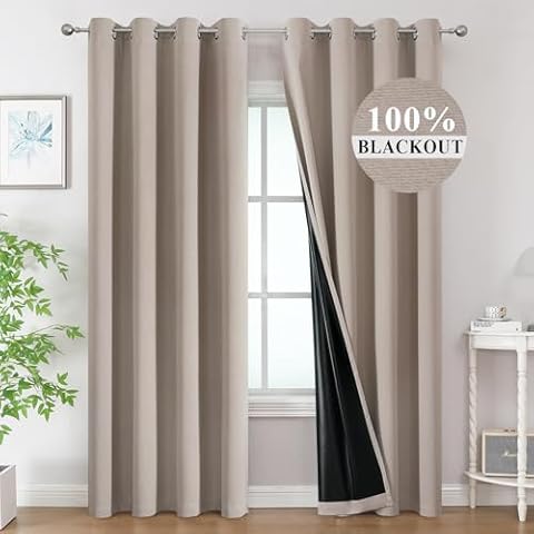 Estelar Textiler Natural Total 100% Blackout Curtains for Bedroom,Thermal Insulated Black Out Curtains 84 Inch Long 2 Panels for Living Room,Full Room Darkening Grommet Drapes with Black Liner,52Wx84L Cover