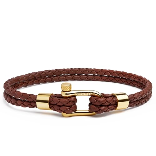 Elegatto Helix Premium Vintage Leather Bracelet for Men | Double Black Leather Strands with Sterling Silver Polished Mini Shackle Closure | Men’s Designer Jewelry