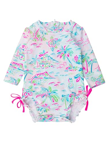 Image of RuffleButts Baby Girls UPF 50+ Sun Protection Floral Printed Long Sleeve One Piece Rash Guard Swimsuit with Zipper