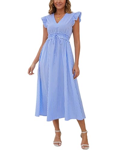 Bsubseach 2025 Cap Sleeve Cover Up Women Striped V Neck Beach Maxi Dress Drawstring Bathing Suit Coverups Swimwear