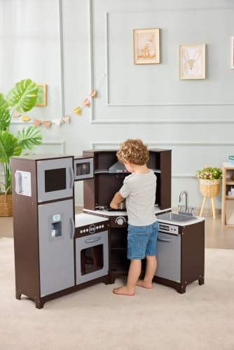 Image of Amazon Basics Kids Corner Interactive Wooden Play Kitchen Set, Stove, Oven, Sink, Fridge and Accessories for Toddlers, Preschoolers, Children Age 3+ Years, Espresso /Gray, 39.37 inchL x 28.35 inchW x 35.04 inchH