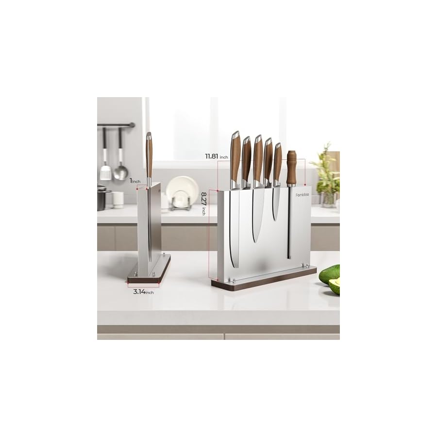 Magnetic Knife Holder, Stainless Steel Magnetic Knife Block for Counter Top, Double Sided Magnet Knife Strip Storage, Powerful Kitchen Knife Holder Stand