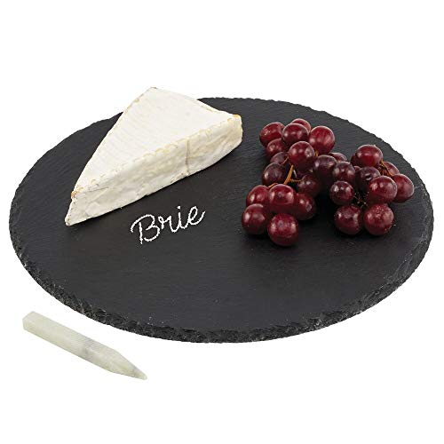 mDesign Plato de Pizarra Redondo – Preciosa Tabla de quesos, útil para Embutidos, Tartas, Aperitivos, etc. – También Sirve como Pizarra de Tiza para menús o anuncios – con lápiz de Tiza – Negro