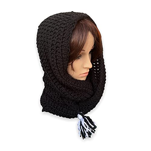 Handmade Wednesday Addams Snood. Black Infinity Scarf with Tassels. Nevermore Cowl. Friendship Snood.4